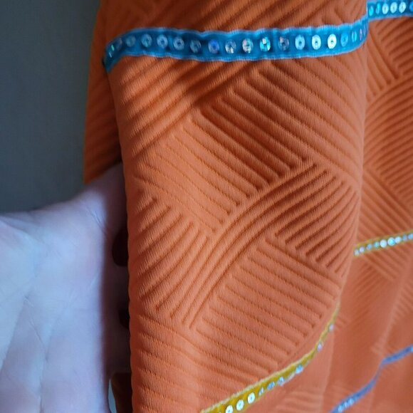 Orange Textured Short Sleeve Dress With Sequin Stripes Large - Picture 5 of 5